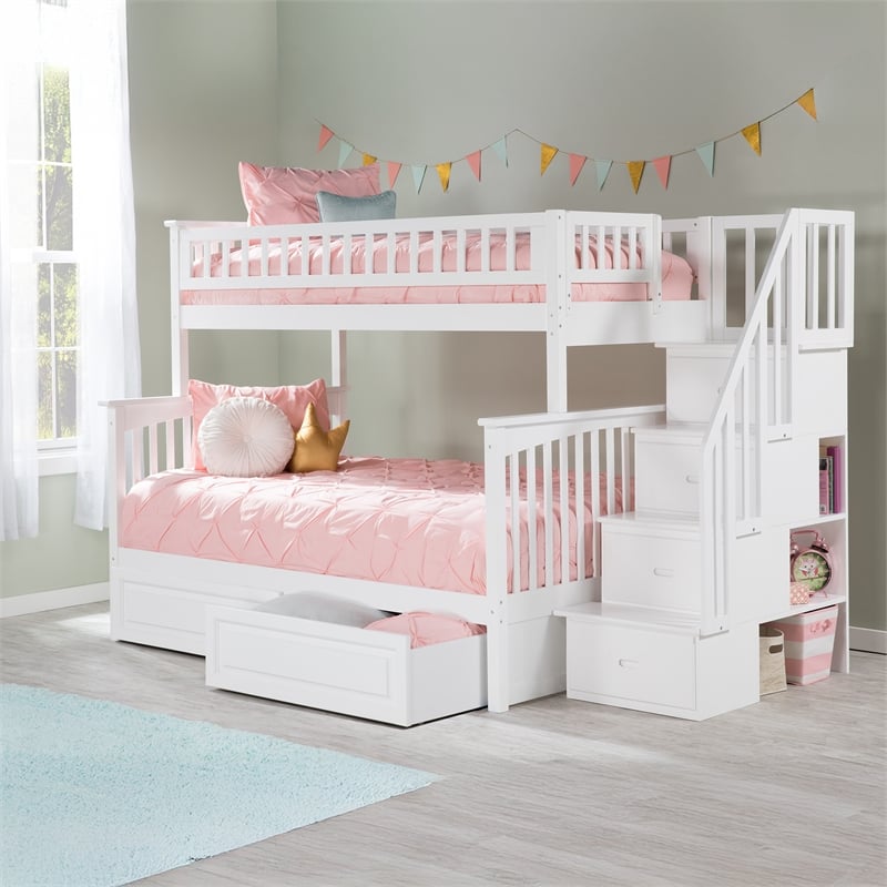 AFI Columbia Twin Over Full Solid Wood Staircase Storage Bunk Bed in White