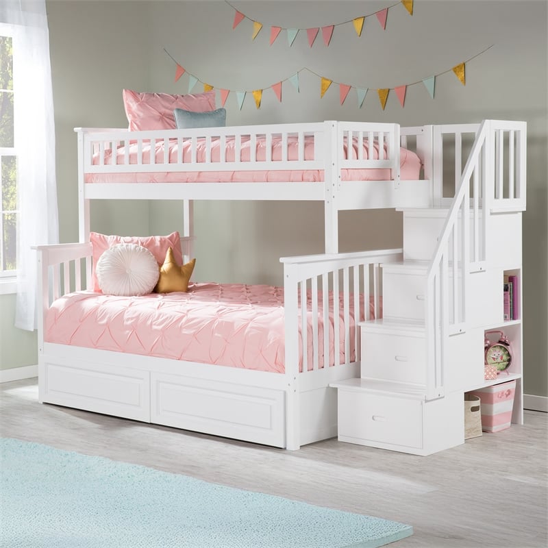 AFI Columbia Twin Over Full Solid Wood Staircase Storage Bunk Bed in White