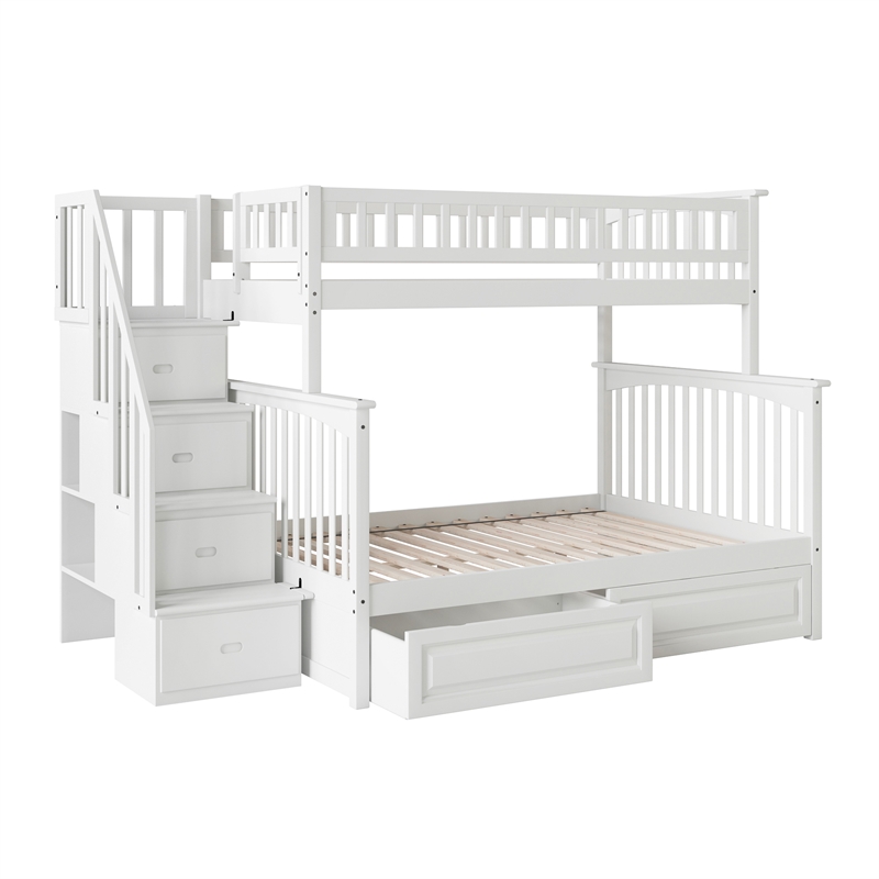 AFI Columbia Twin Over Full Solid Wood Staircase Storage Bunk Bed in White
