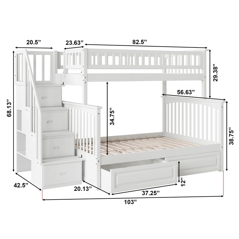 AFI Columbia Twin Over Full Solid Wood Staircase Storage Bunk Bed in White