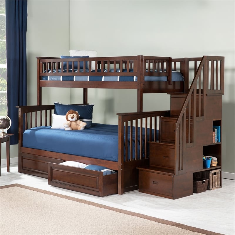 AFI Columbia Twin Over Full Solid Wood Staircase Storage Bunk Bed in Walnut