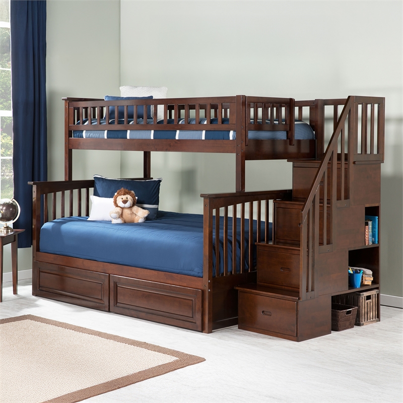 AFI Columbia Twin Over Full Solid Wood Staircase Storage Bunk Bed in Walnut