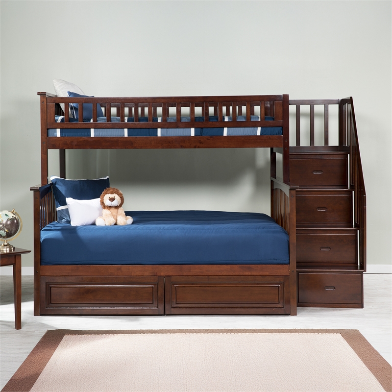 AFI Columbia Twin Over Full Solid Wood Staircase Storage Bunk Bed in Walnut