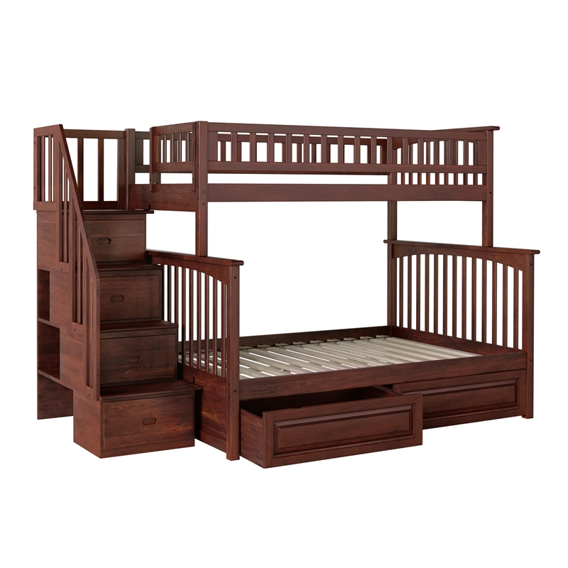 AFI Columbia Twin Over Full Solid Wood Staircase Storage Bunk Bed in Walnut