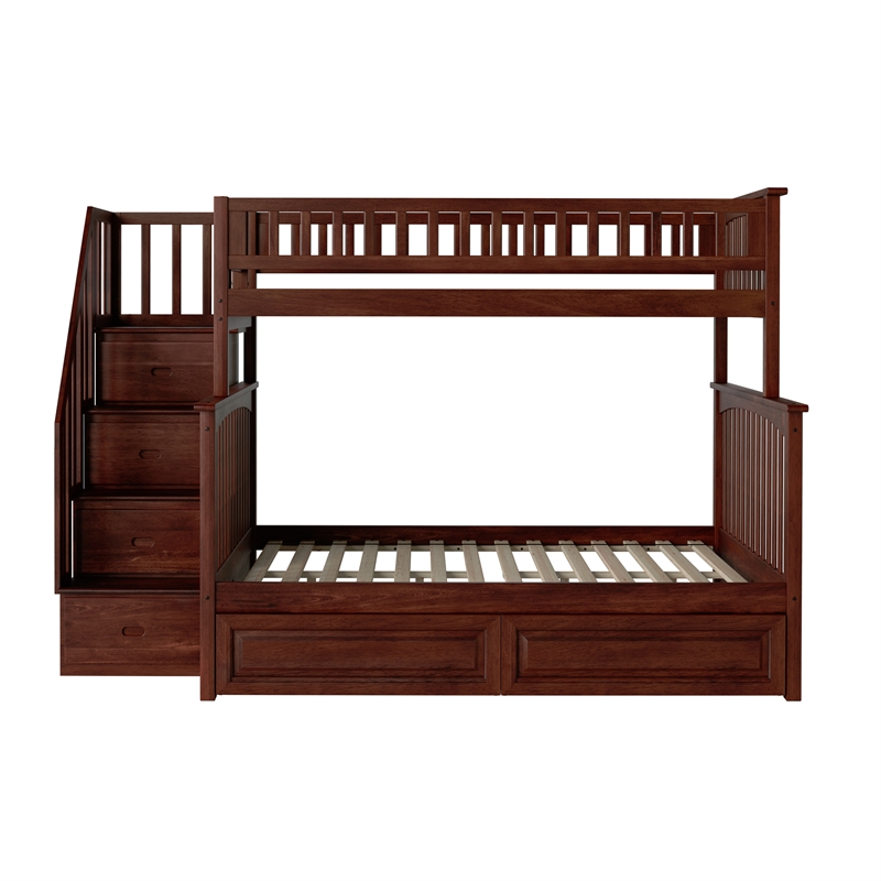 AFI Columbia Twin Over Full Solid Wood Staircase Storage Bunk Bed in Walnut