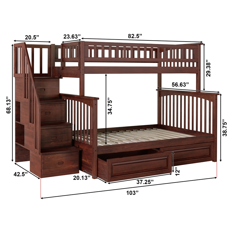 AFI Columbia Twin Over Full Solid Wood Staircase Storage Bunk Bed in Walnut