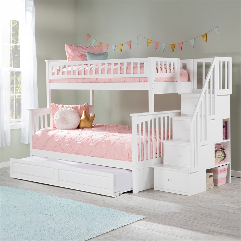 AFI Columbia Twin Over Full Wood Staircase Trundle Bunk Bed in White