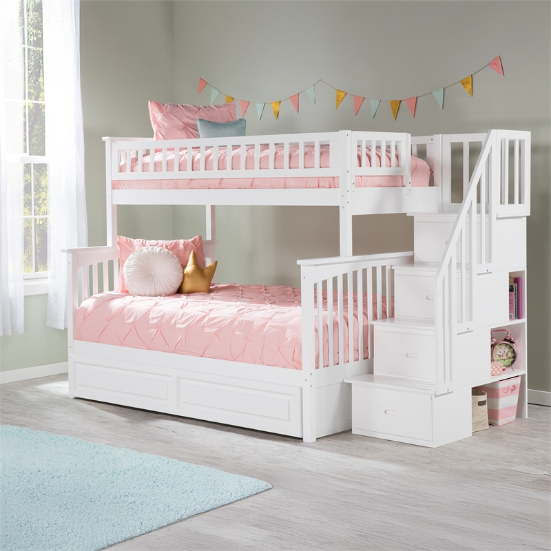 AFI Columbia Twin Over Full Wood Staircase Trundle Bunk Bed in White