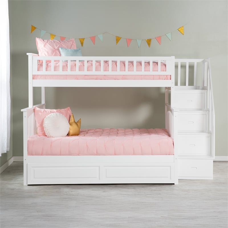 AFI Columbia Twin Over Full Wood Staircase Trundle Bunk Bed in White