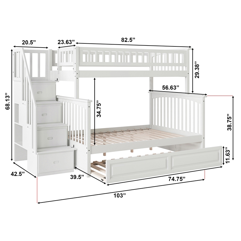 AFI Columbia Twin Over Full Wood Staircase Trundle Bunk Bed in White
