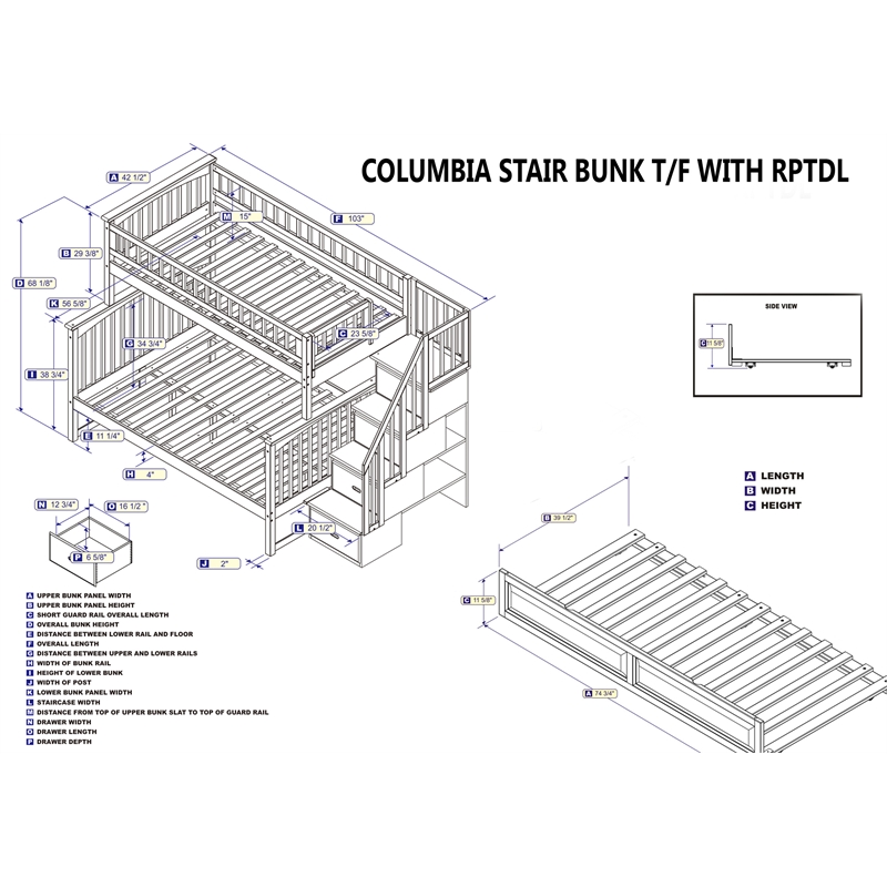 AFI Columbia Twin Over Full Wood Staircase Trundle Bunk Bed in White