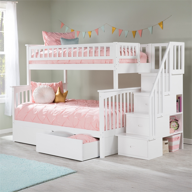 AFI Columbia Twin Over Full Solid Wood Staircase Storage Bunk Bed in White