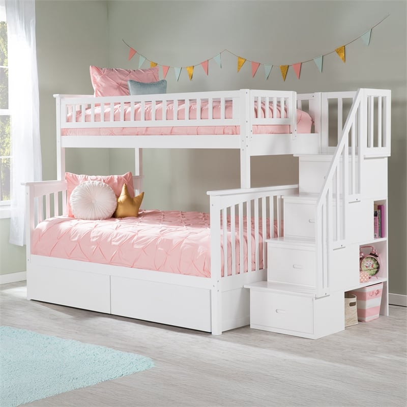 AFI Columbia Twin Over Full Solid Wood Staircase Storage Bunk Bed in White