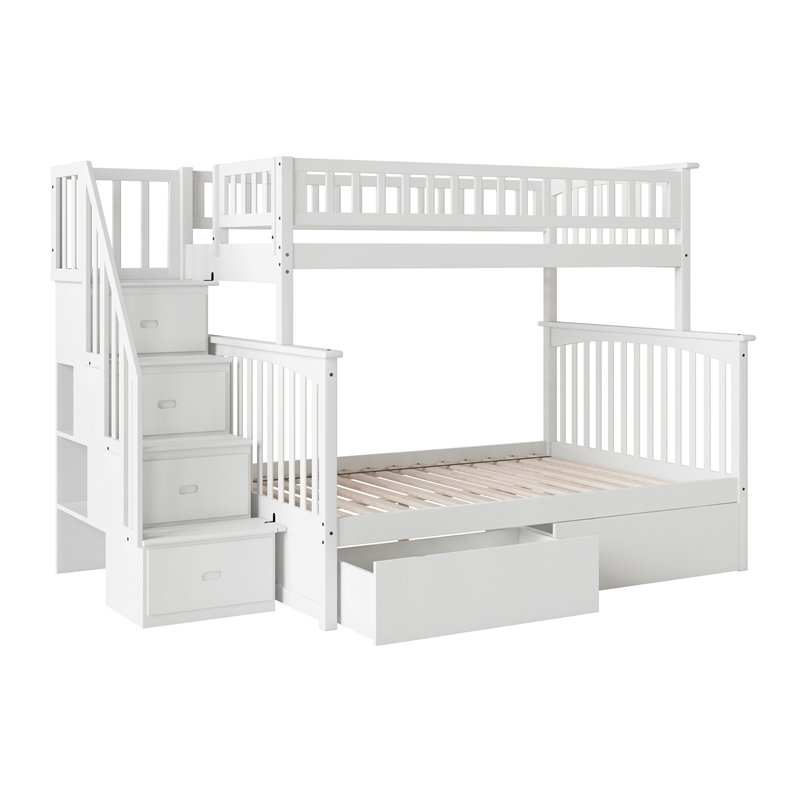 AFI Columbia Twin Over Full Solid Wood Staircase Storage Bunk Bed in White