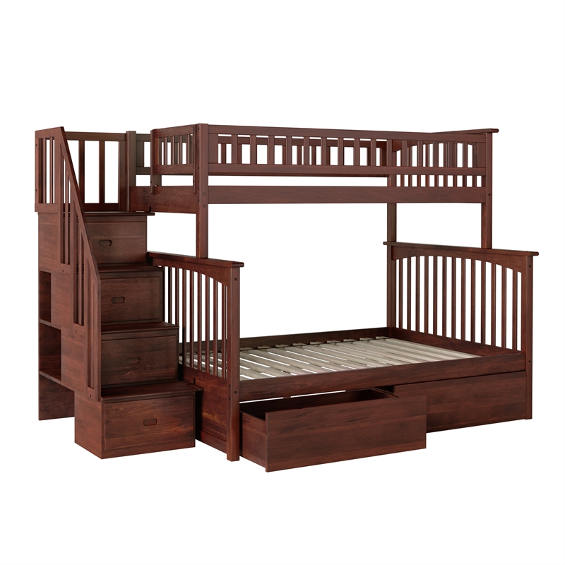 AFI Columbia Twin Over Full Solid Wood Staircase Storage Bunk Bed in Walnut