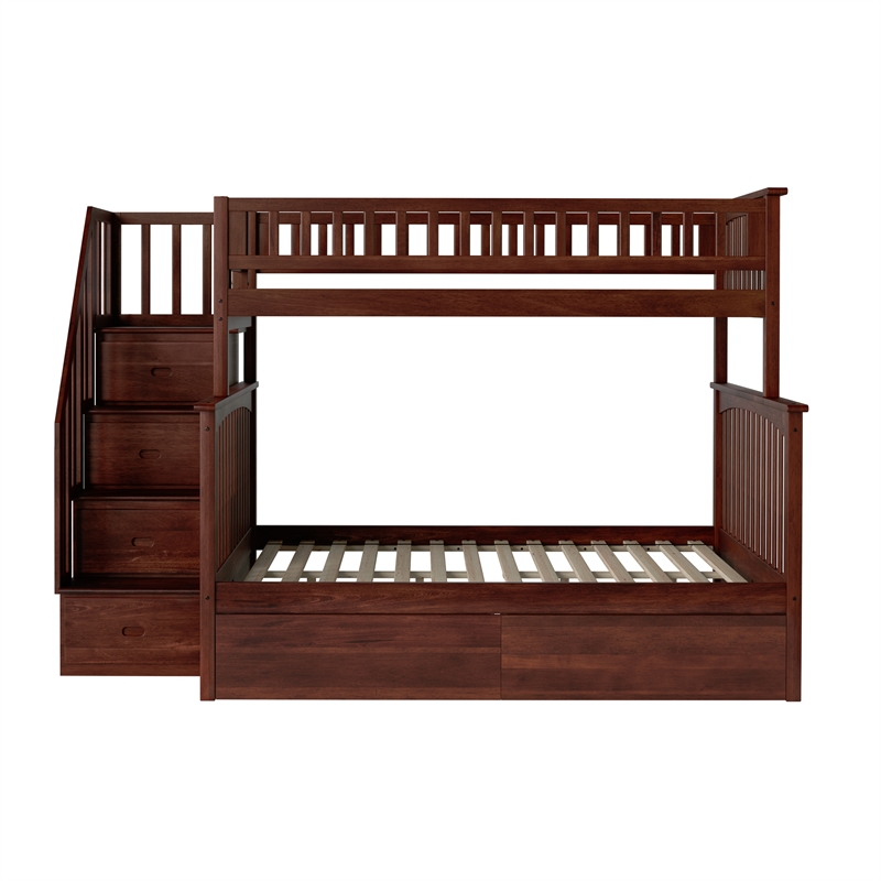 AFI Columbia Twin Over Full Solid Wood Staircase Storage Bunk Bed in Walnut