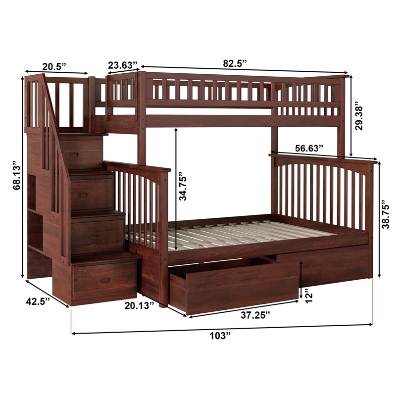 AFI Columbia Twin Over Full Solid Wood Staircase Storage Bunk Bed in Walnut