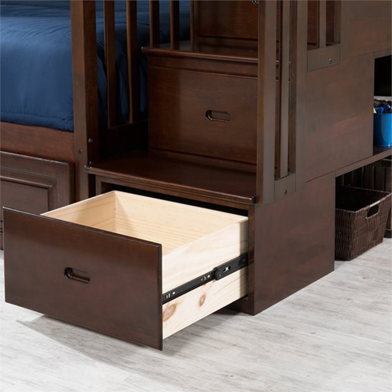 AFI Columbia Twin Over Full Solid Wood Staircase Storage Bunk Bed in Walnut