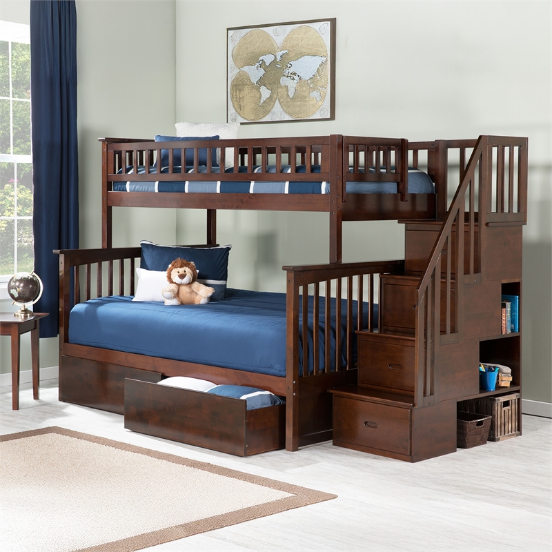 AFI Columbia Twin Over Full Solid Wood Staircase Storage Bunk Bed in Walnut