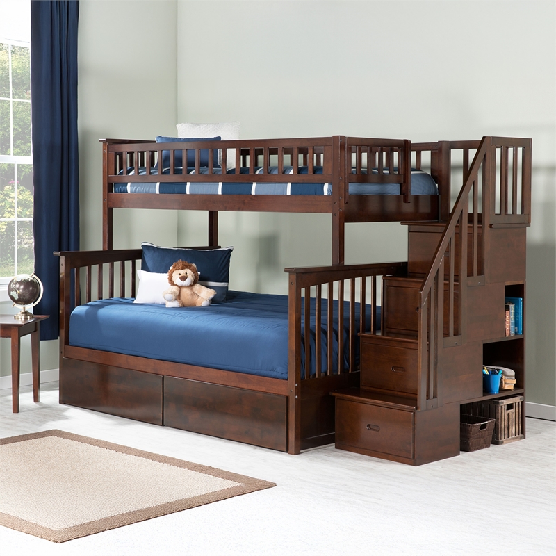 AFI Columbia Twin Over Full Solid Wood Staircase Storage Bunk Bed in Walnut