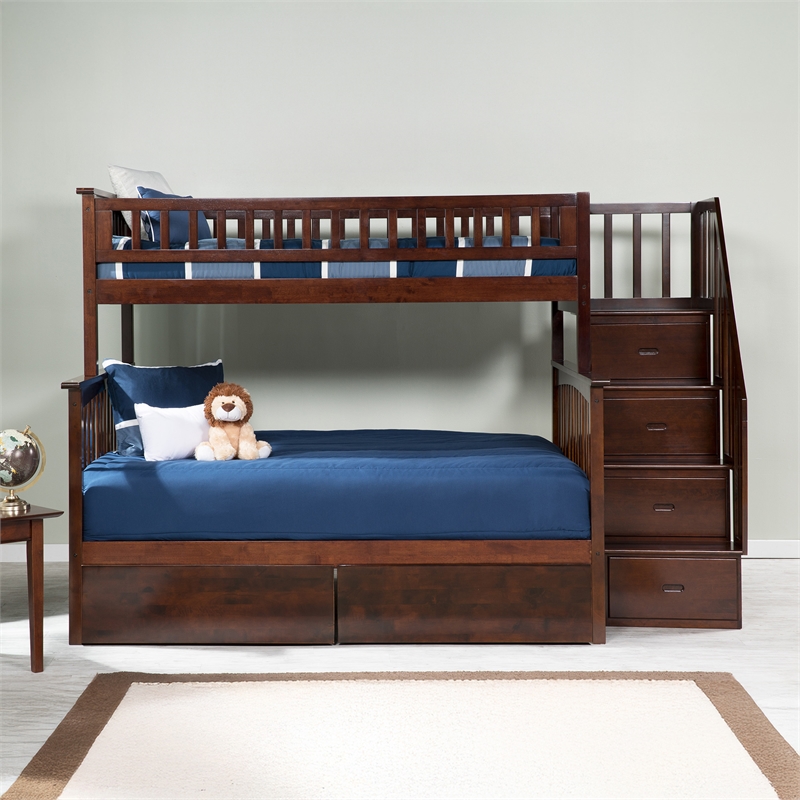 AFI Columbia Twin Over Full Solid Wood Staircase Storage Bunk Bed in Walnut