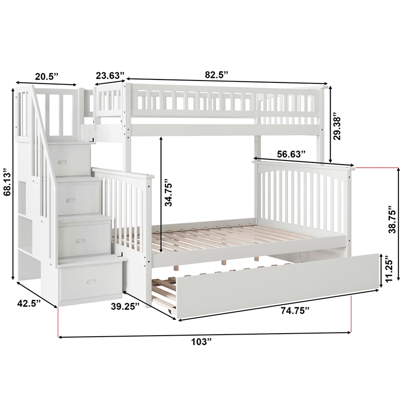 AFI Columbia Twin Over Full Wood Staircase Trundle Bunk Bed in White