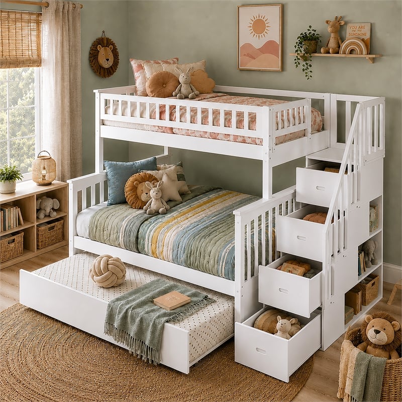 AFI Columbia Twin Over Full Wood Staircase Trundle Bunk Bed in White