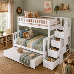 AFI Columbia Twin Over Full Wood Staircase Trundle Bunk Bed in White