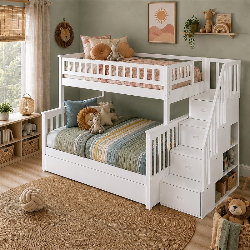 AFI Columbia Twin Over Full Wood Staircase Trundle Bunk Bed in White