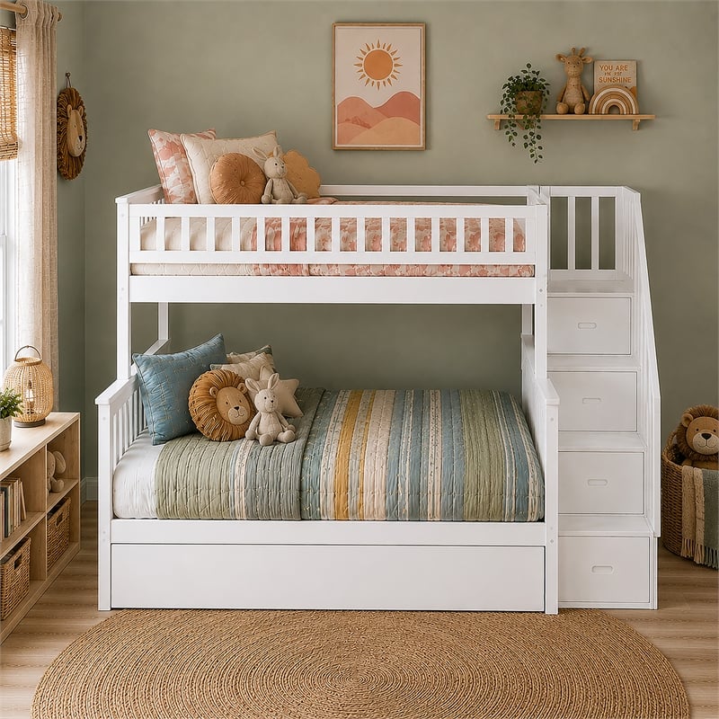 AFI Columbia Twin Over Full Wood Staircase Trundle Bunk Bed in White