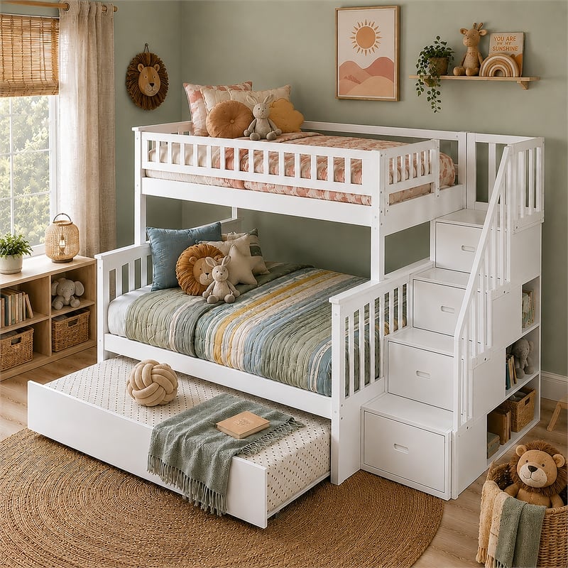 AFI Columbia Twin Over Full Wood Staircase Trundle Bunk Bed in White