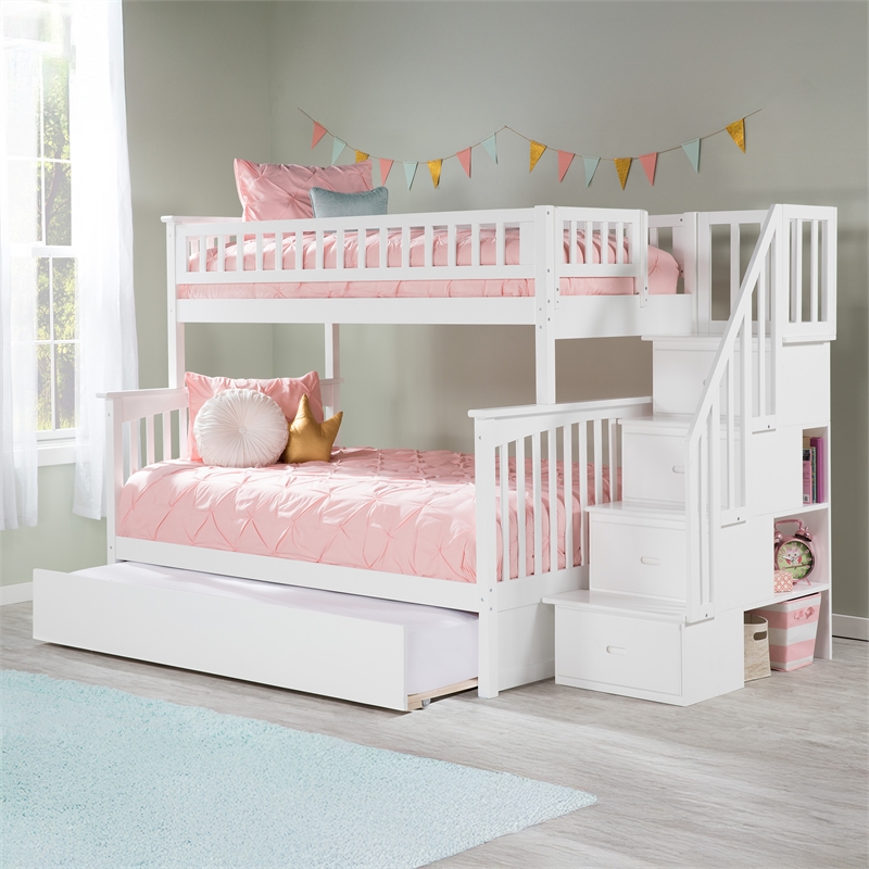 AFI Columbia Twin Over Full Wood Staircase Trundle Bunk Bed in White