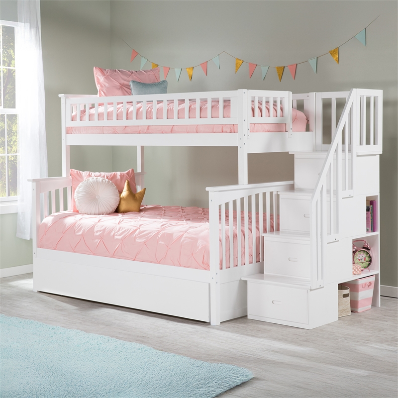AFI Columbia Twin Over Full Wood Staircase Trundle Bunk Bed in White