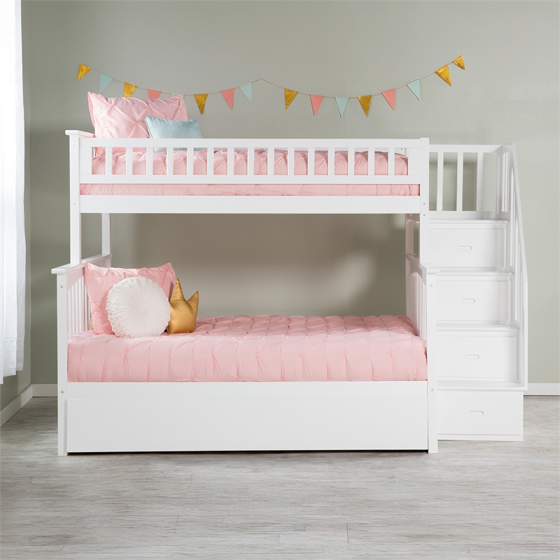 AFI Columbia Twin Over Full Wood Staircase Trundle Bunk Bed in White