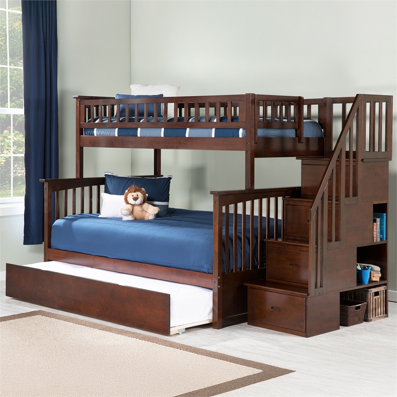 AFI Columbia Twin Over Full Wood Staircase Trundle Bunk Bed in Walnut