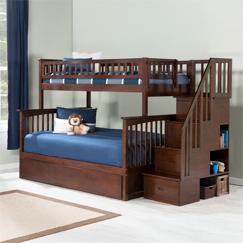 AFI Columbia Twin Over Full Wood Staircase Trundle Bunk Bed in Walnut