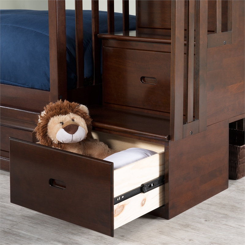 AFI Columbia Twin Over Full Wood Staircase Trundle Bunk Bed in Walnut