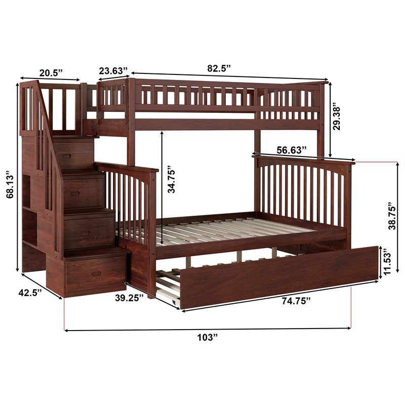 AFI Columbia Twin Over Full Wood Staircase Trundle Bunk Bed in Walnut