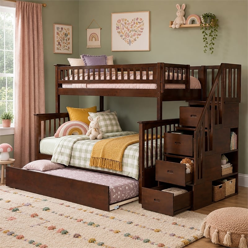 AFI Columbia Twin Over Full Wood Staircase Trundle Bunk Bed in Walnut
