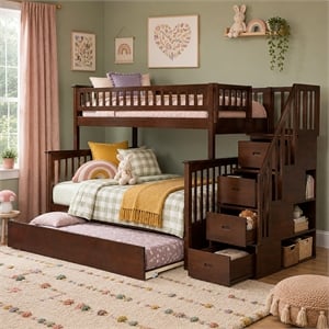AFI Columbia Twin Over Full Wood Staircase Trundle Bunk Bed in Walnut