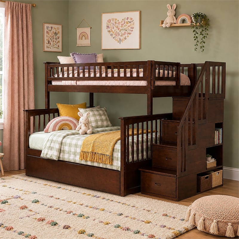 AFI Columbia Twin Over Full Wood Staircase Trundle Bunk Bed in Walnut