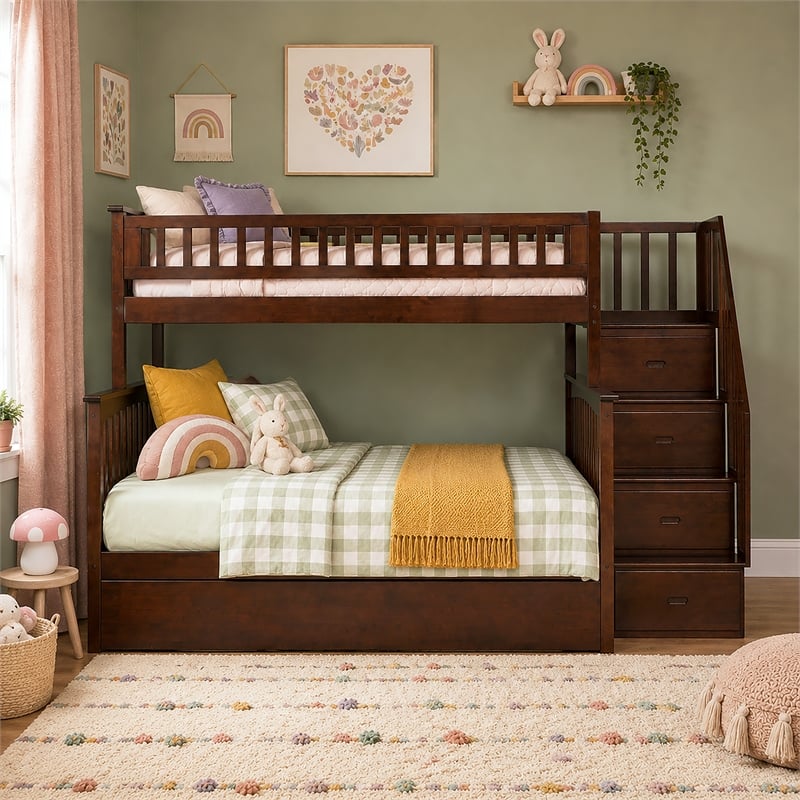 AFI Columbia Twin Over Full Wood Staircase Trundle Bunk Bed in Walnut