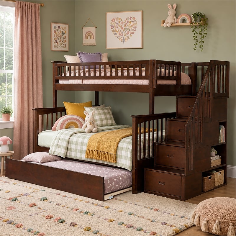 AFI Columbia Twin Over Full Wood Staircase Trundle Bunk Bed in Walnut