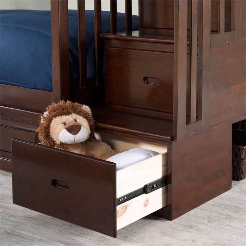 AFI Columbia Full Over Full Solid Wood Staircase Bunk Bed in Walnut