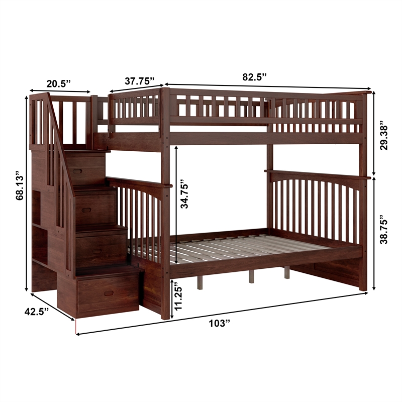 AFI Columbia Full Over Full Solid Wood Staircase Bunk Bed in Walnut