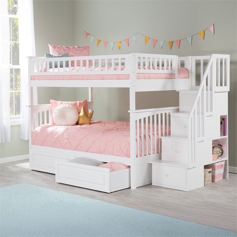AFI Columbia Full Over Full Solid Wood Staircase Storage Bunk Bed in White