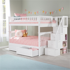 AFI Columbia Full Over Full Solid Wood Staircase Storage Bunk Bed in White