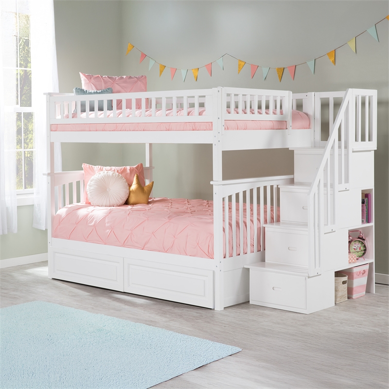 AFI Columbia Full Over Full Solid Wood Staircase Storage Bunk Bed in White