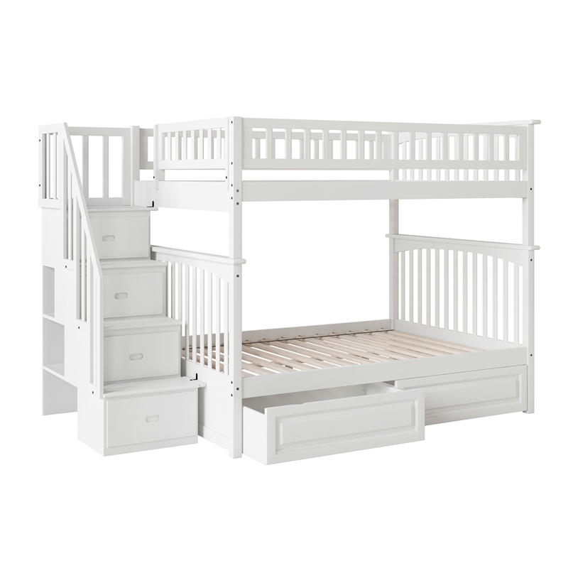 AFI Columbia Full Over Full Solid Wood Staircase Storage Bunk Bed in White