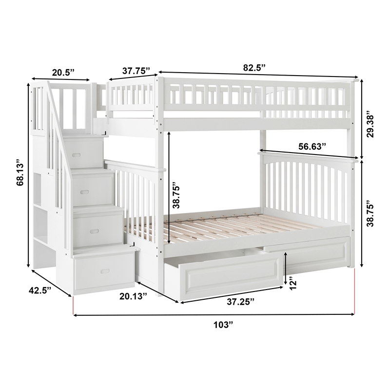 AFI Columbia Full Over Full Solid Wood Staircase Storage Bunk Bed in White